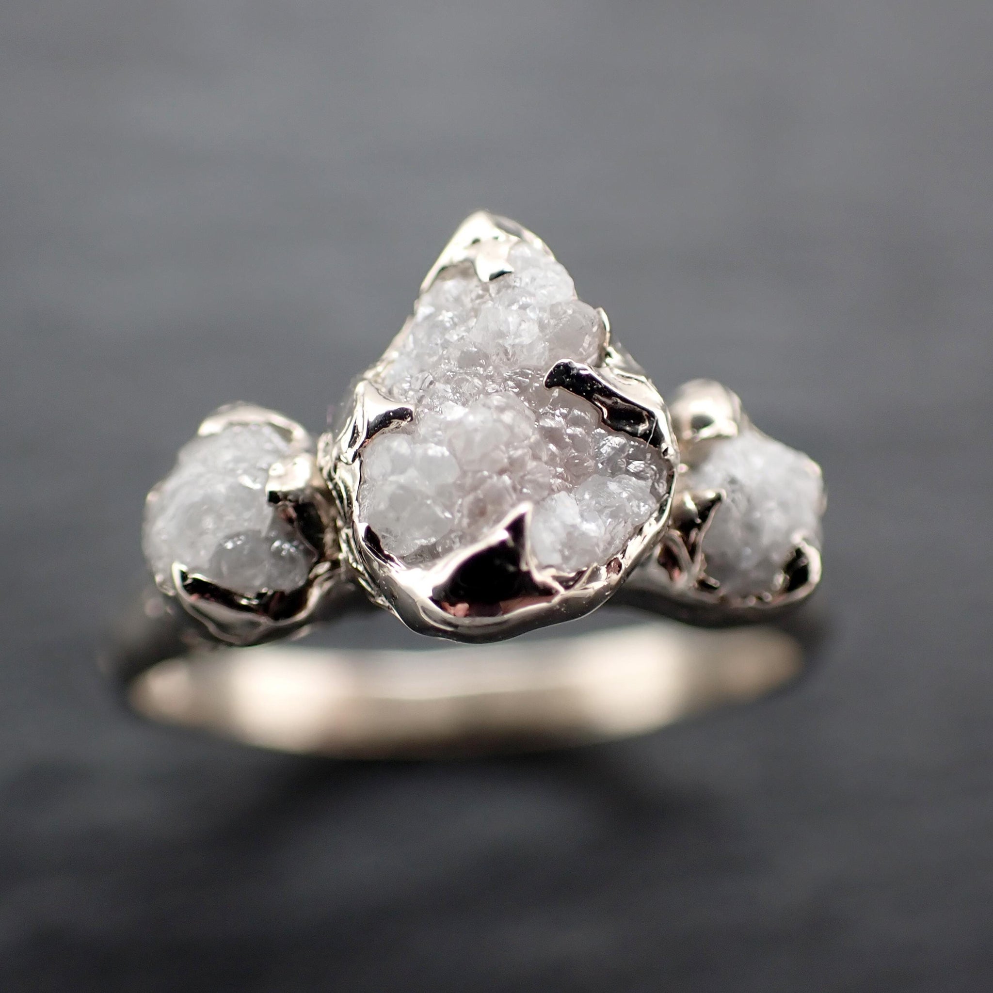Rough Diamond Crown Ring • Three Stone Raw Diamond Ring • 14k White Gold • Rustic Diamond Engagement Ring • Handmade byAngeline 3612