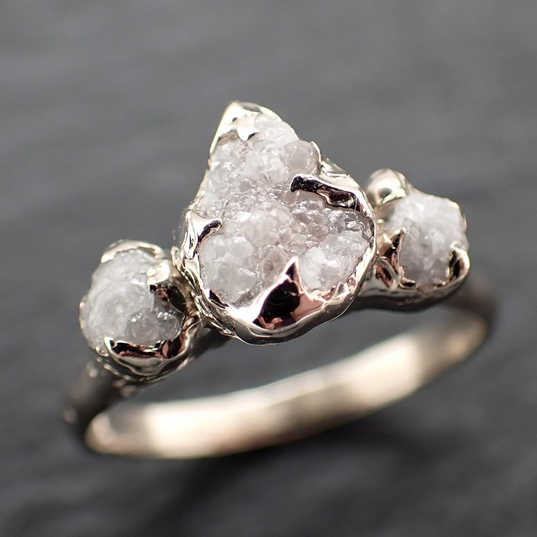 Rough Diamond Crown Ring • Three Stone Raw Diamond Ring • 14k White Gold • Rustic Diamond Engagement Ring • Handmade byAngeline 3612