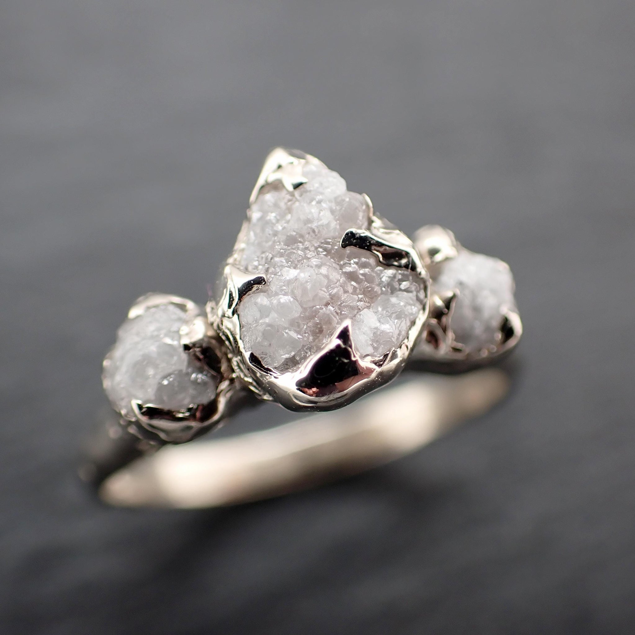 Rough Diamond Crown Ring • Three Stone Raw Diamond Ring • 14k White Gold • Rustic Diamond Engagement Ring • Handmade byAngeline 3612