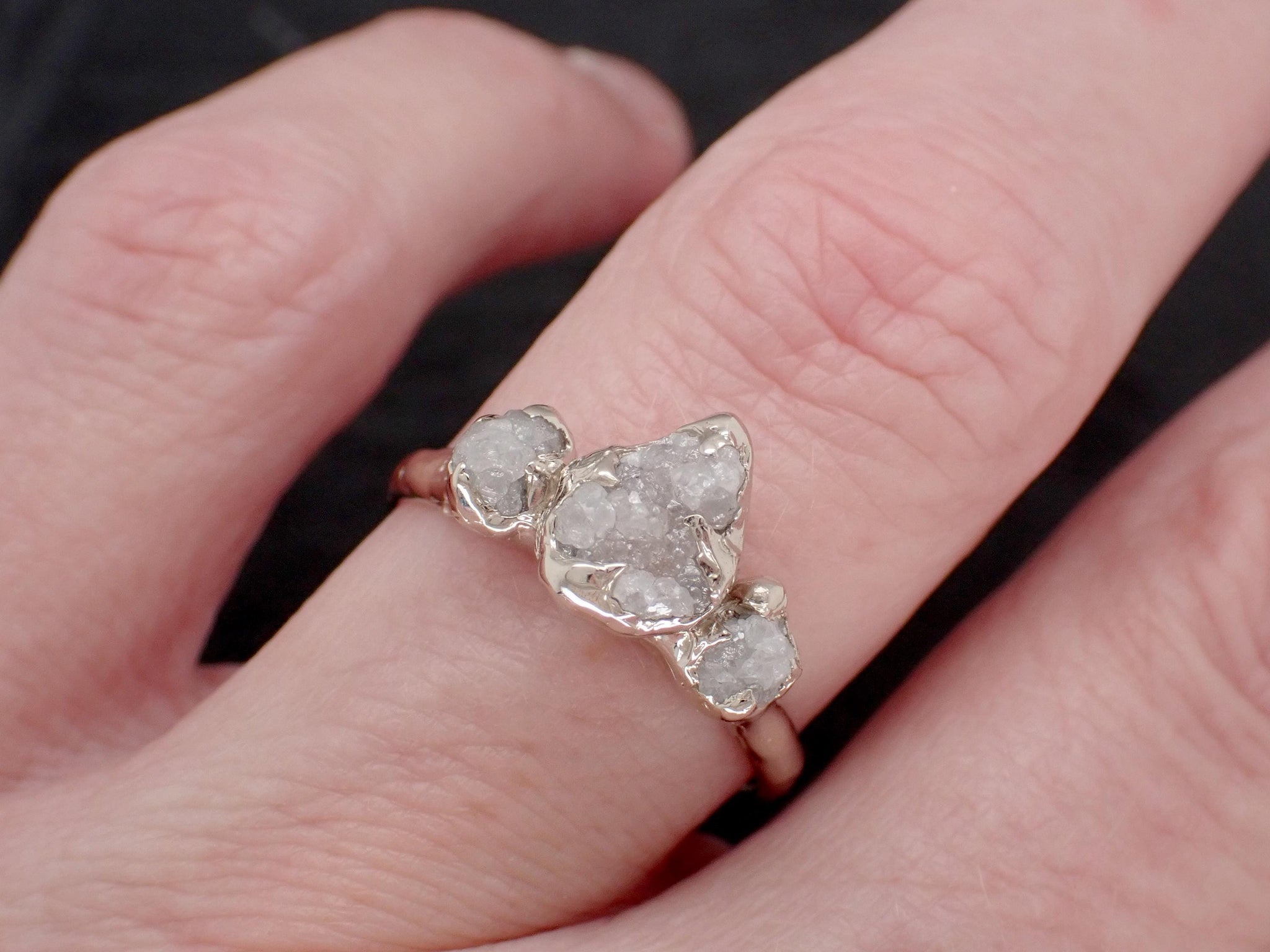 Rough Diamond Crown Ring • Three Stone Raw Diamond Ring • 14k White Gold • Rustic Diamond Engagement Ring • Handmade byAngeline 3612