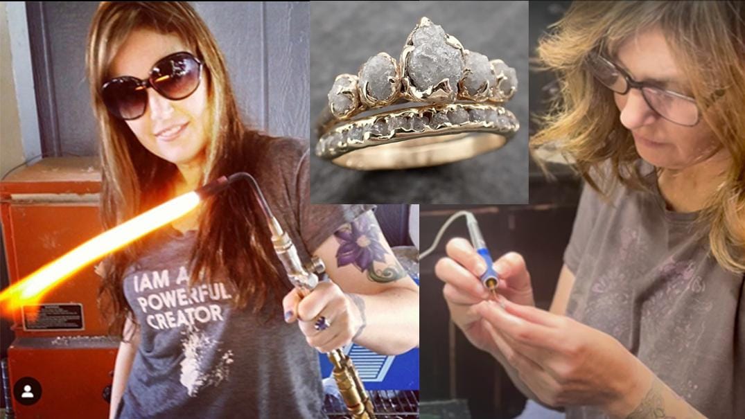 Rough Diamond Crown Ring • Three Stone Raw Diamond Ring • 14k White Gold • Rustic Diamond Engagement Ring • Handmade byAngeline 3612