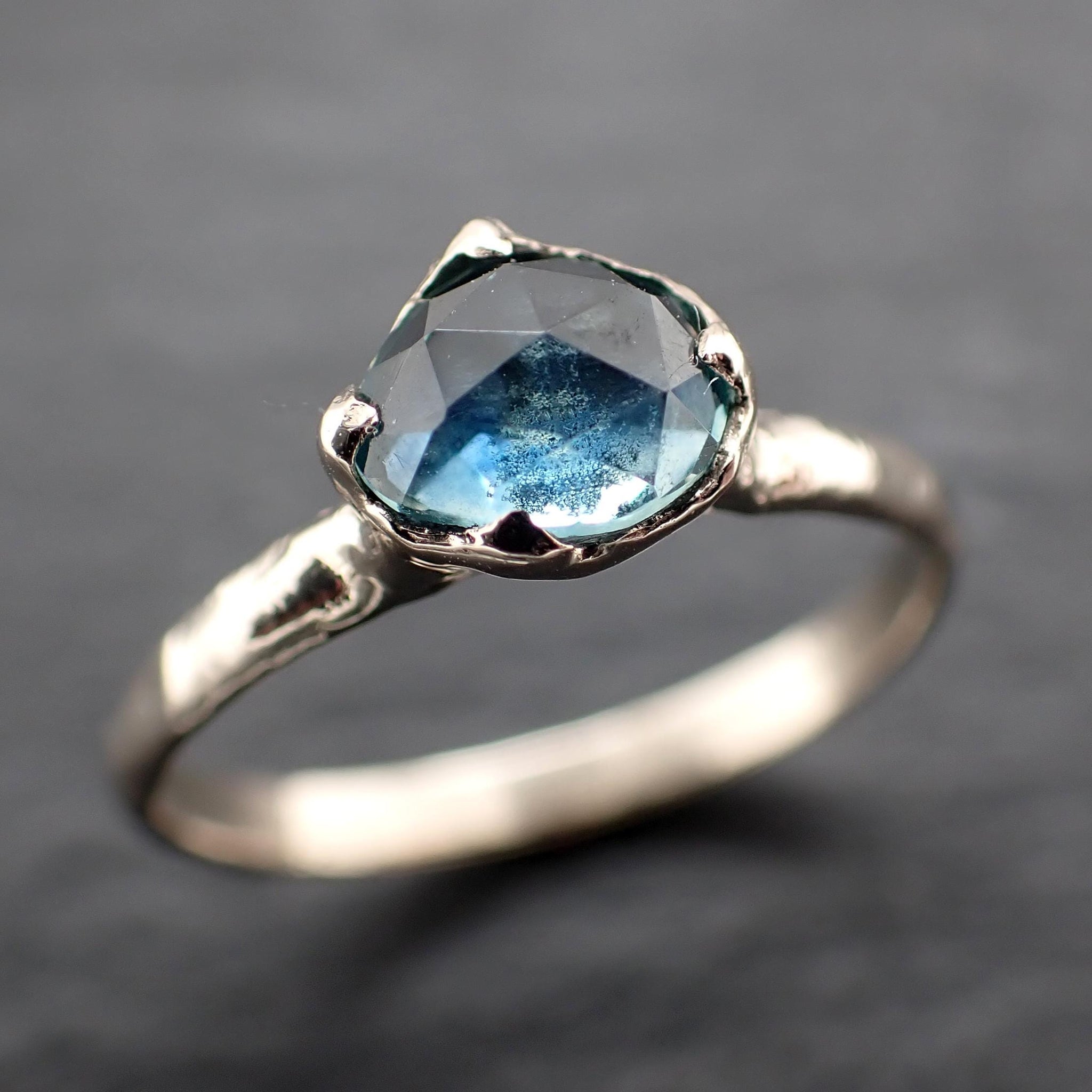 Montana Sapphire Solitaire Engagement Ring • 14k White Gold • Antique Rose Style Cut • Handmade In USA byAngeline 3613