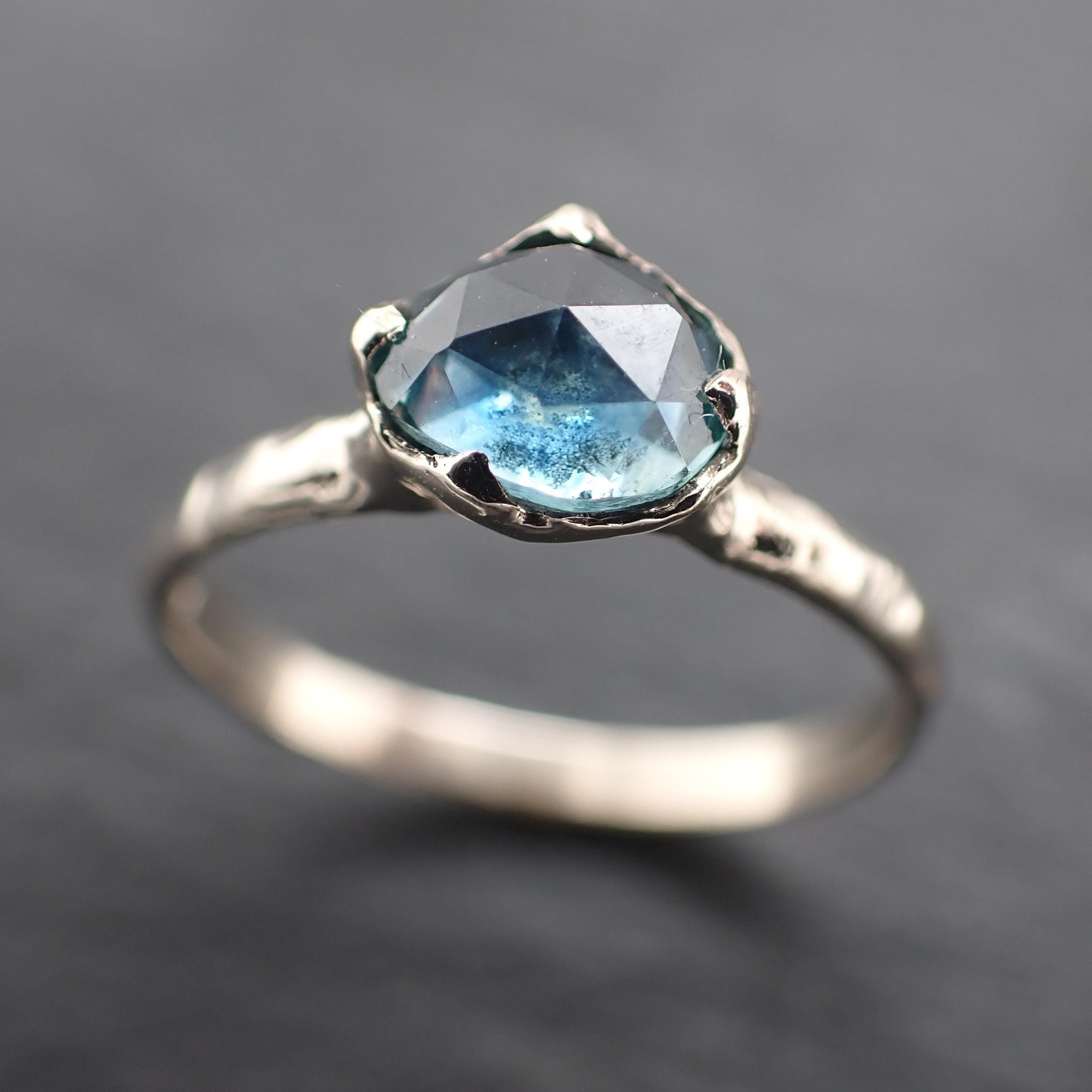 Montana Sapphire Solitaire Engagement Ring • 14k White Gold • Antique Rose Style Cut • Handmade In USA byAngeline 3613