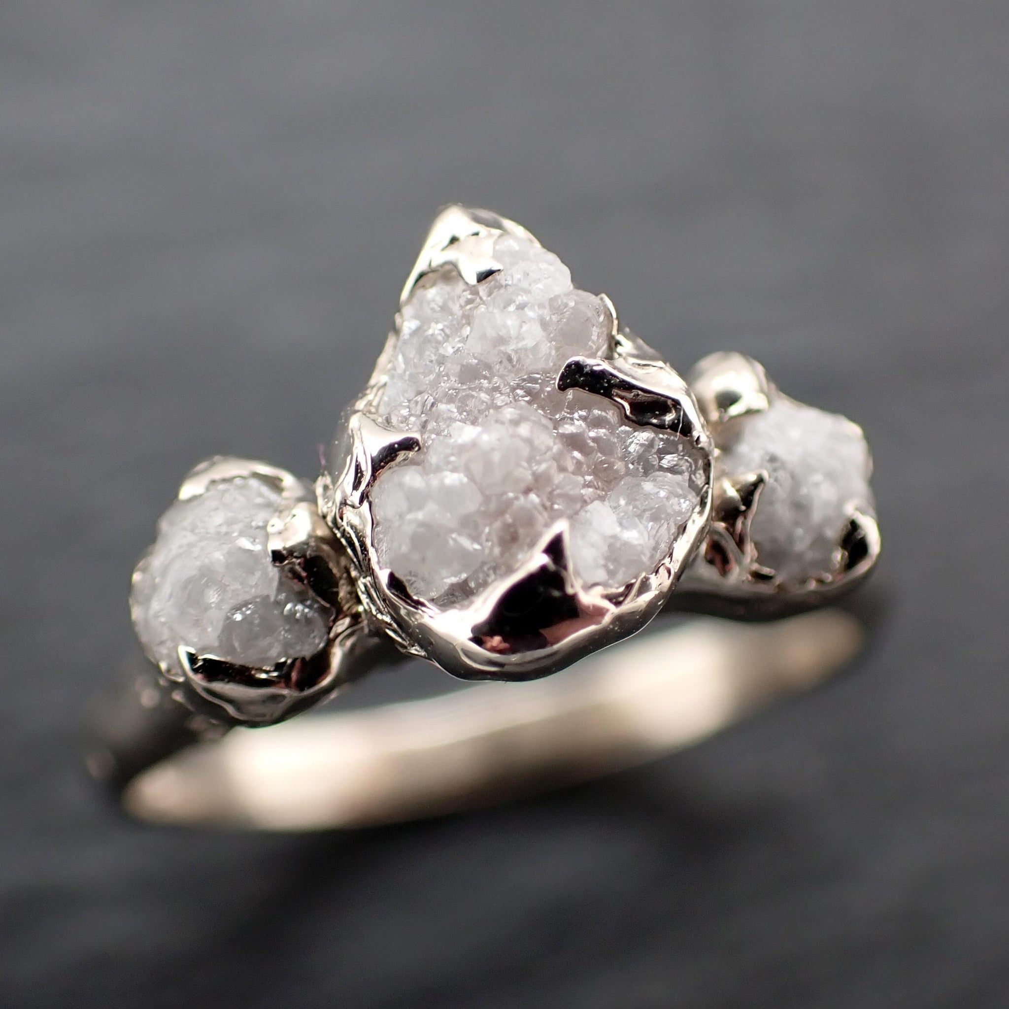 Rough Diamond Crown Ring • Three Stone Raw Diamond Ring • 14k White Gold • Rustic Diamond Engagement Ring • Handmade byAngeline 3612