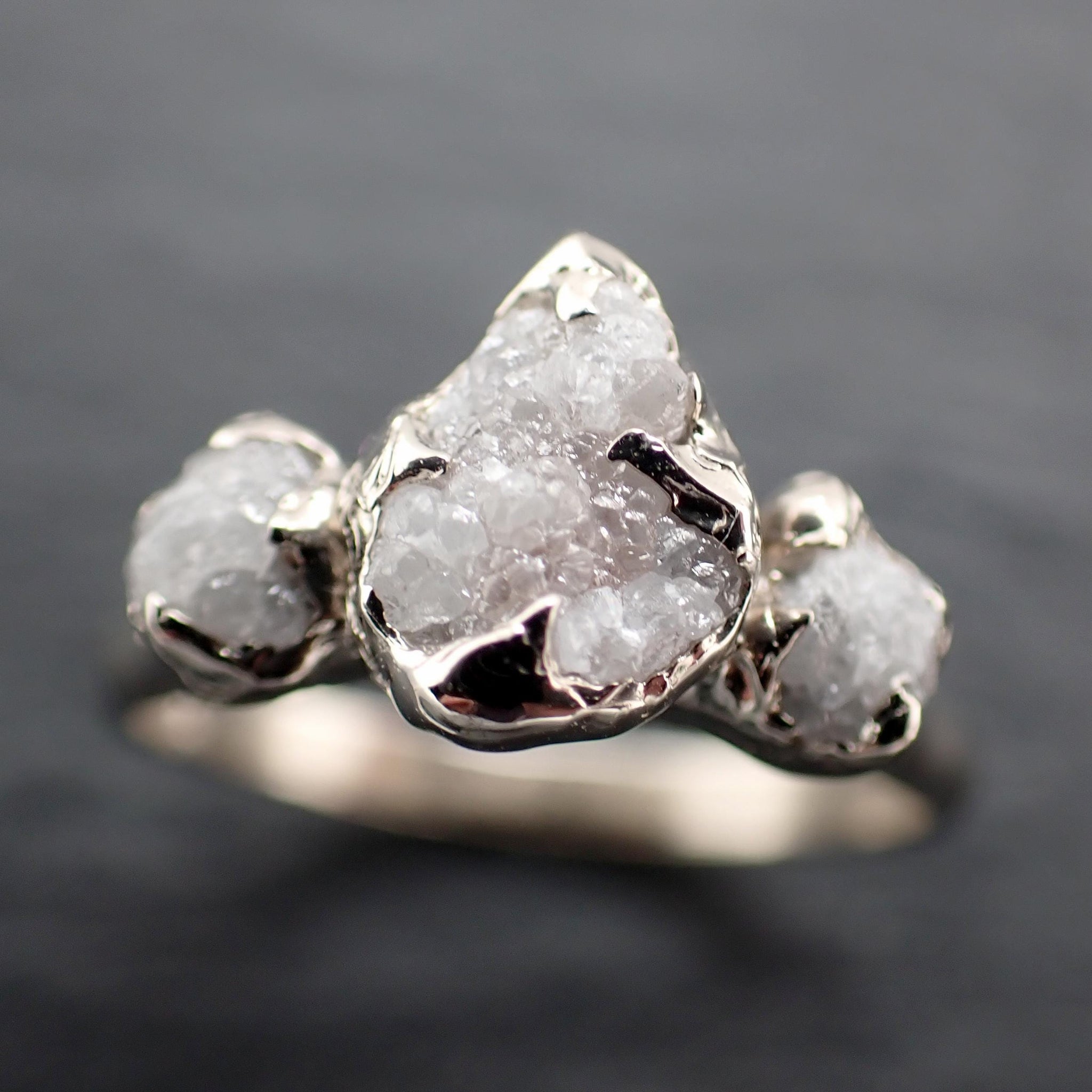 Rough Diamond Crown Ring • Three Stone Raw Diamond Ring • 14k White Gold • Rustic Diamond Engagement Ring • Handmade byAngeline 3612