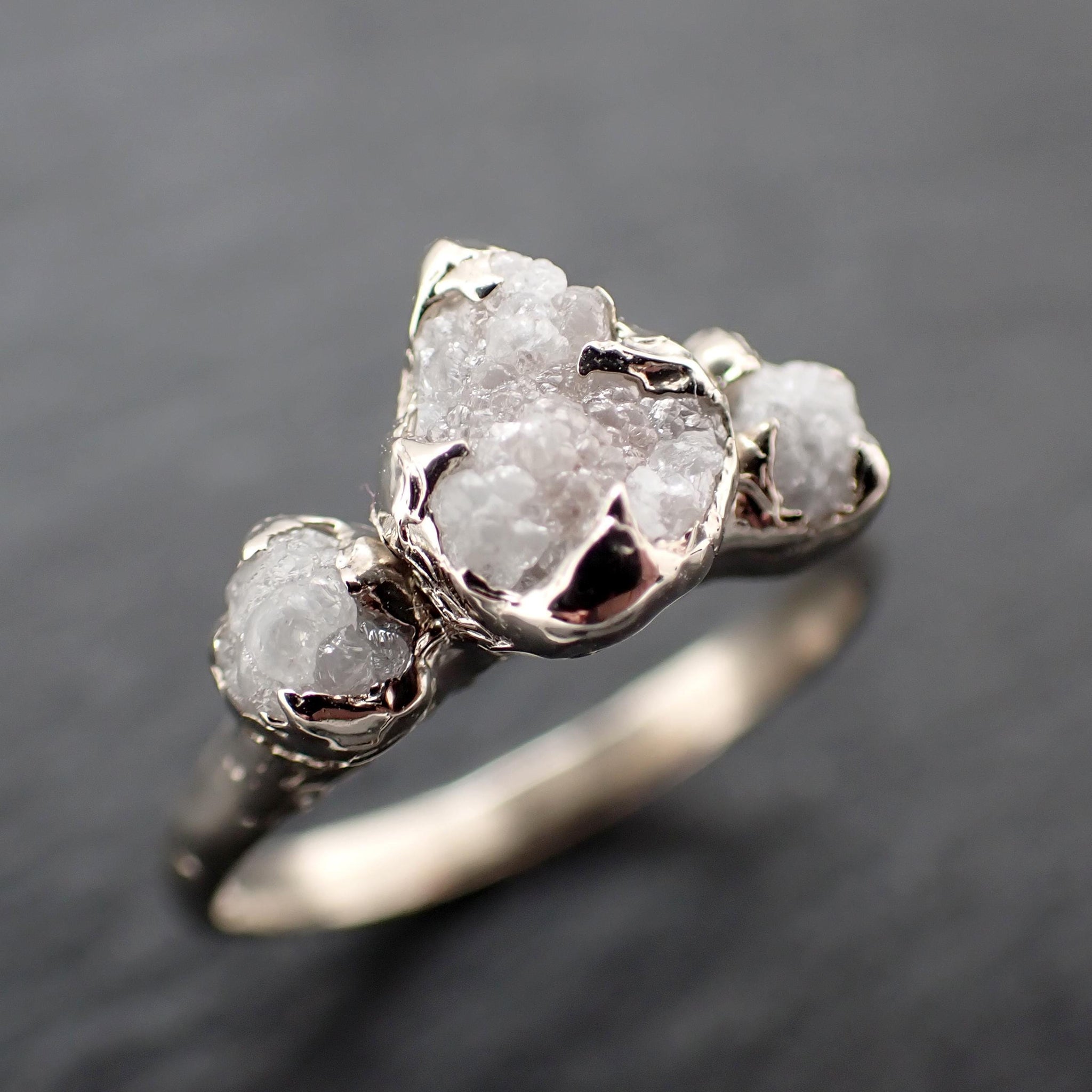 Rough Diamond Crown Ring • Three Stone Raw Diamond Ring • 14k White Gold • Rustic Diamond Engagement Ring • Handmade byAngeline 3612