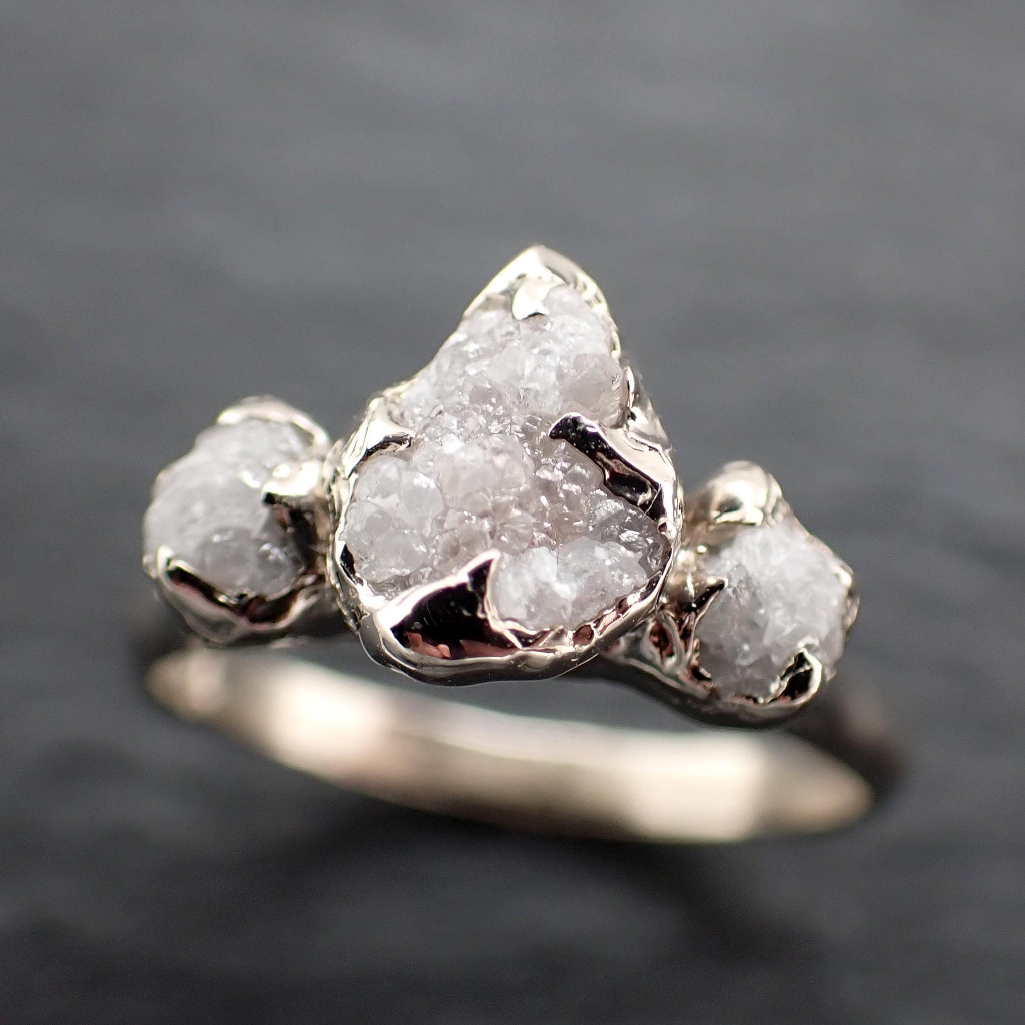 Rough Diamond Crown Ring • Three Stone Raw Diamond Ring • 14k White Gold • Rustic Diamond Engagement Ring • Handmade byAngeline 3612