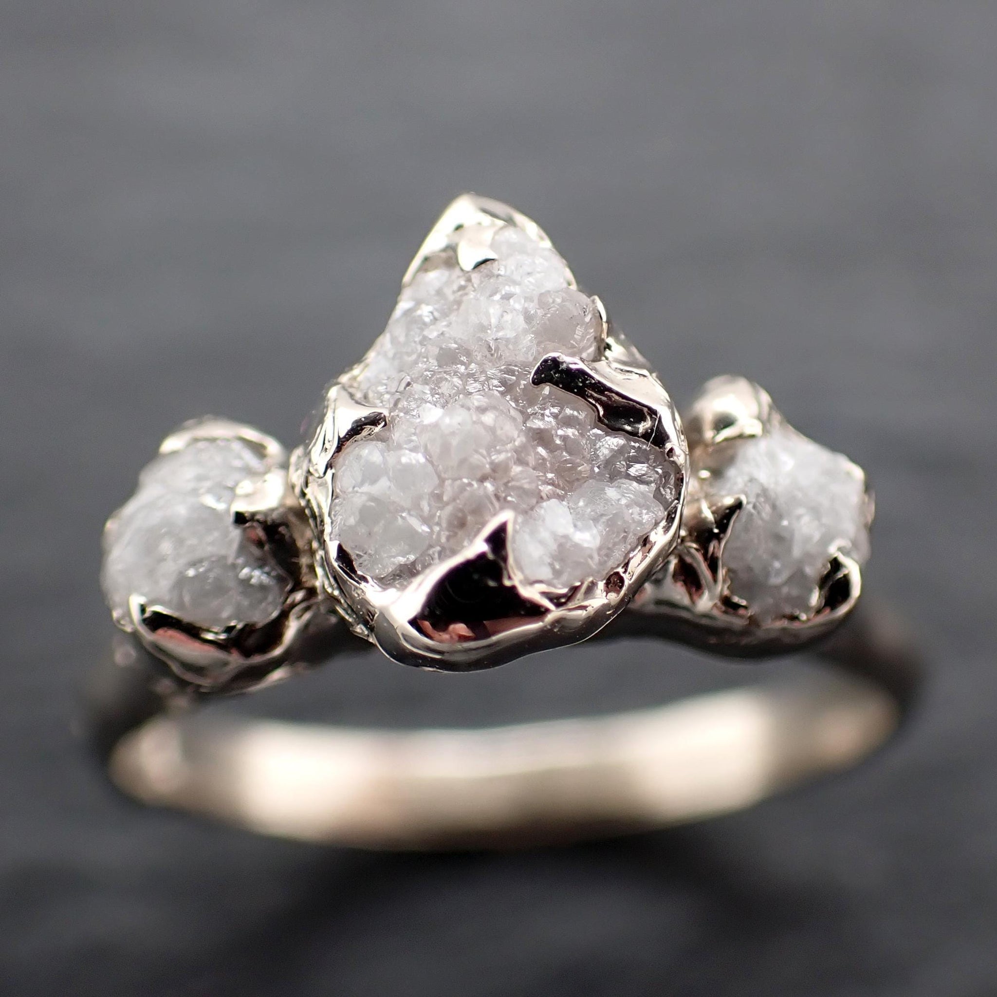 Rough Diamond Crown Ring • Three Stone Raw Diamond Ring • 14k White Gold • Rustic Diamond Engagement Ring • Handmade byAngeline 3612
