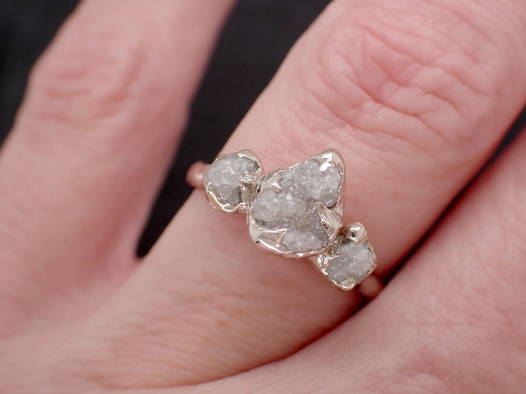 Rough Diamond Crown Ring • Three Stone Raw Diamond Ring • 14k White Gold • Rustic Diamond Engagement Ring • Handmade byAngeline 3612