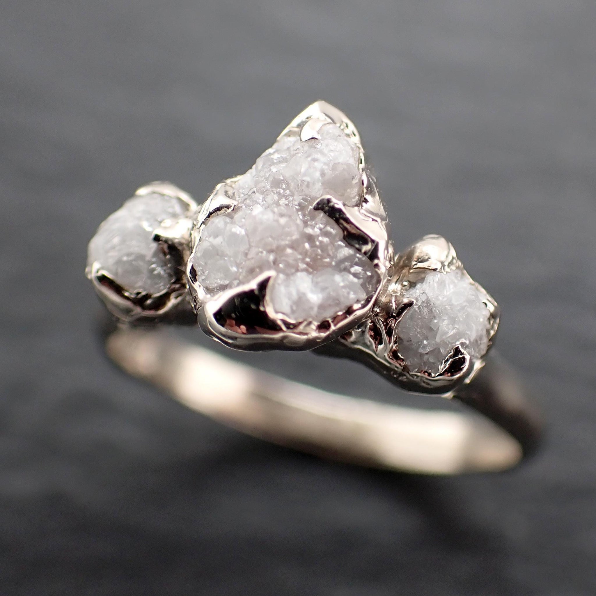 Rough Diamond Crown Ring • Three Stone Raw Diamond Ring • 14k White Gold • Rustic Diamond Engagement Ring • Handmade byAngeline 3612