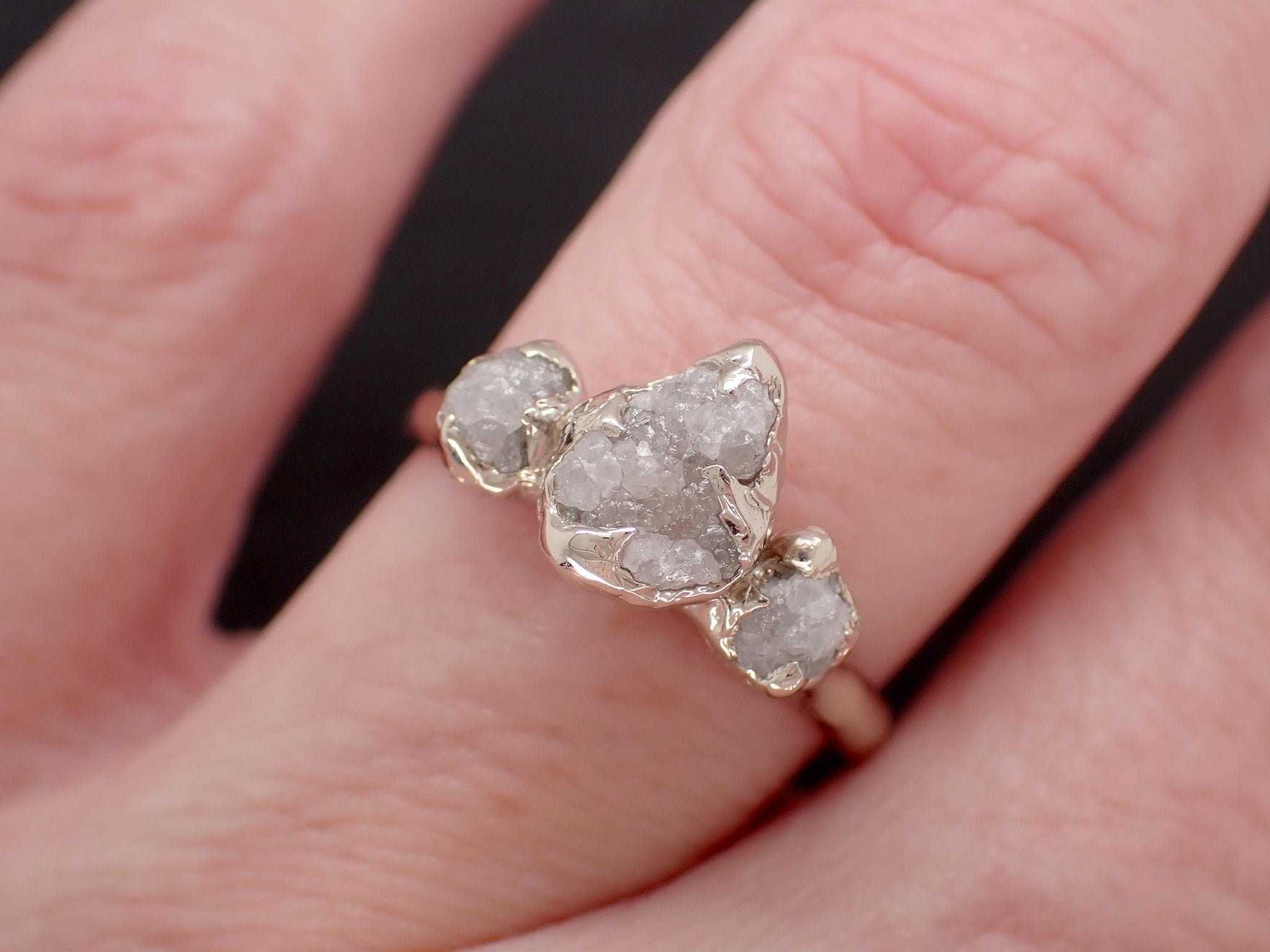 Rough Diamond Crown Ring • Three Stone Raw Diamond Ring • 14k White Gold • Rustic Diamond Engagement Ring • Handmade byAngeline 3612