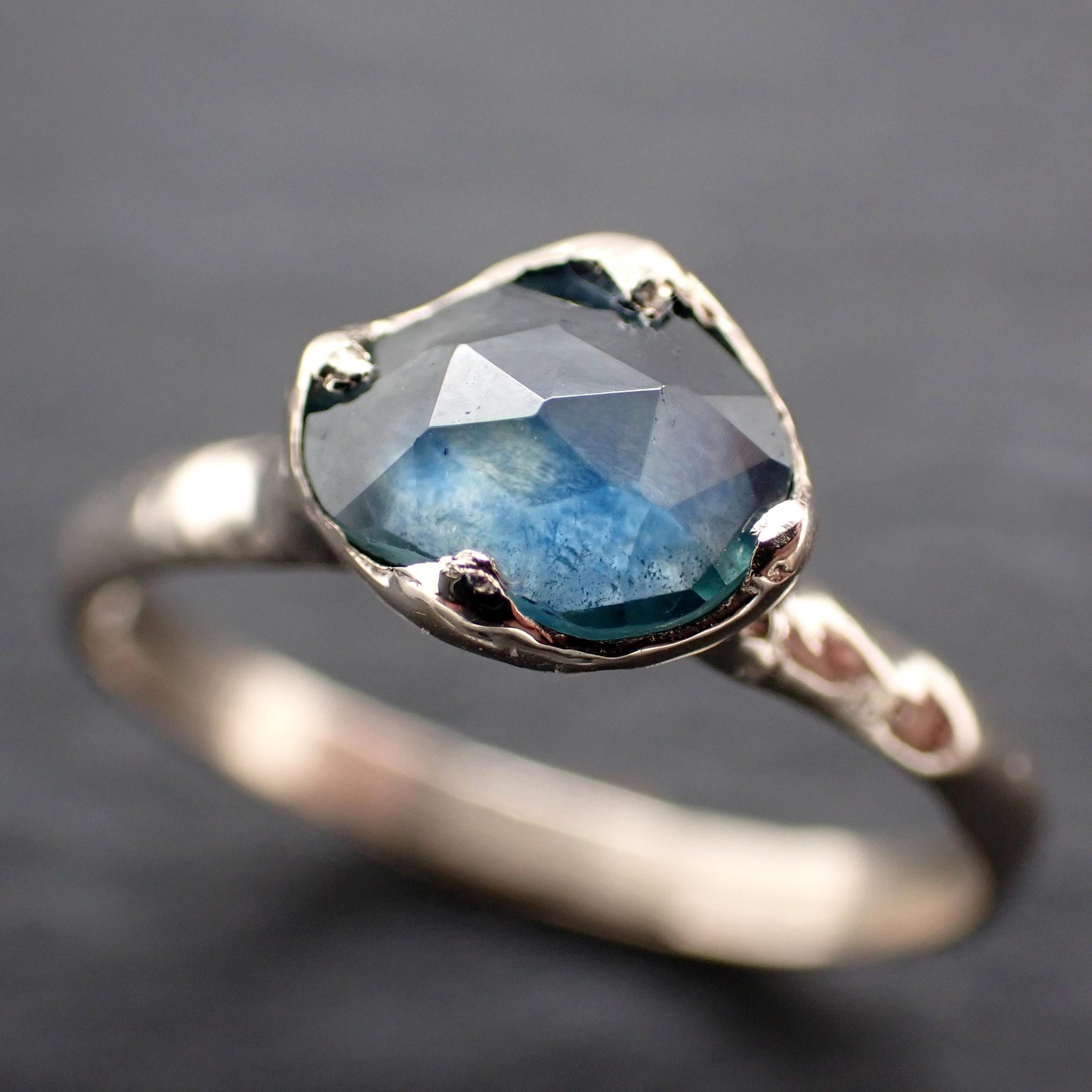 Montana Sapphire Solitaire Engagement Ring • 14k White Gold • Antique Rose Style Cut • Handmade In USA byAngeline 3615