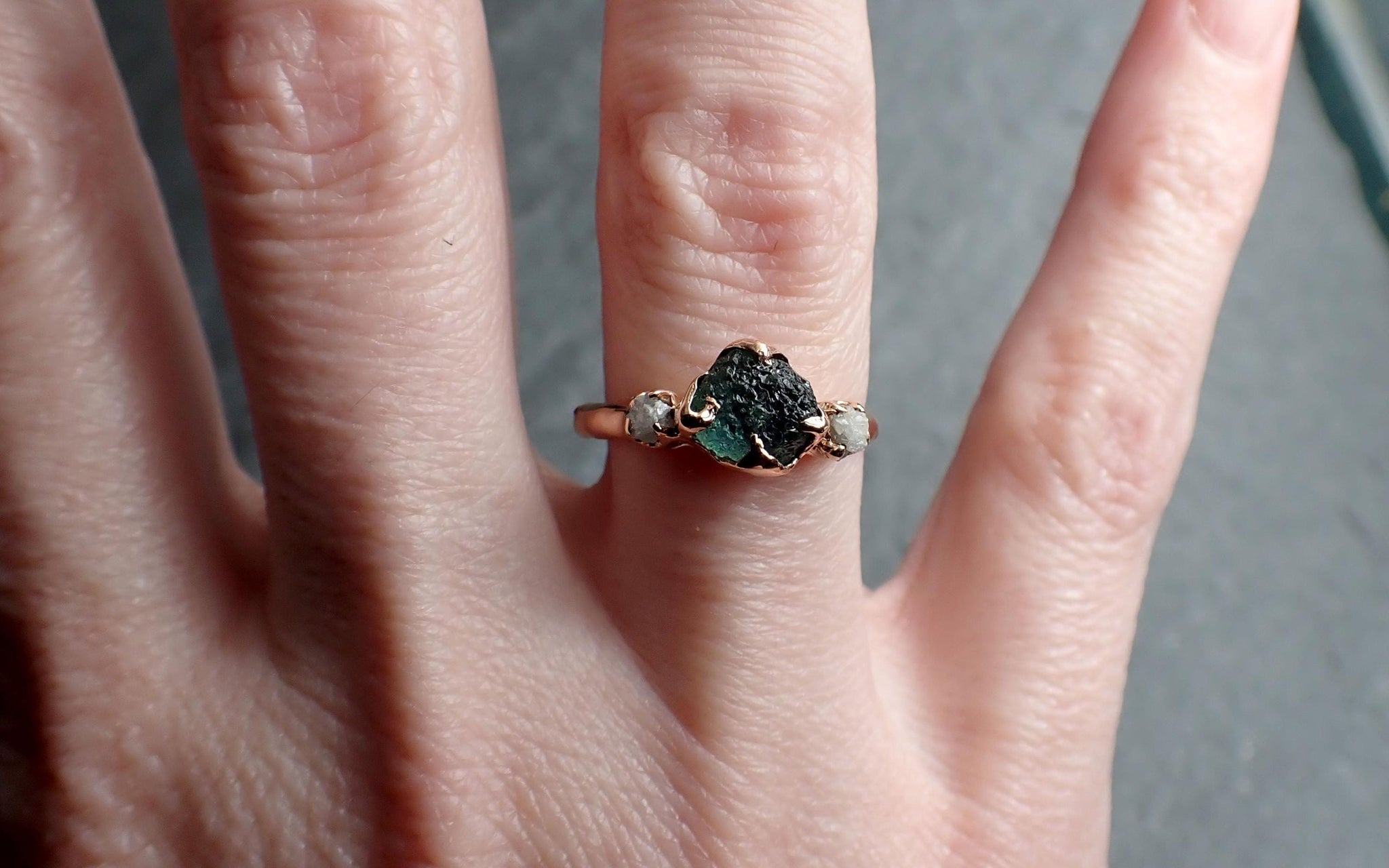 Raw Blue-Green Sapphire Engagement Ring • Rough Diamond Accents • Rose Gold • Custom_ANDY