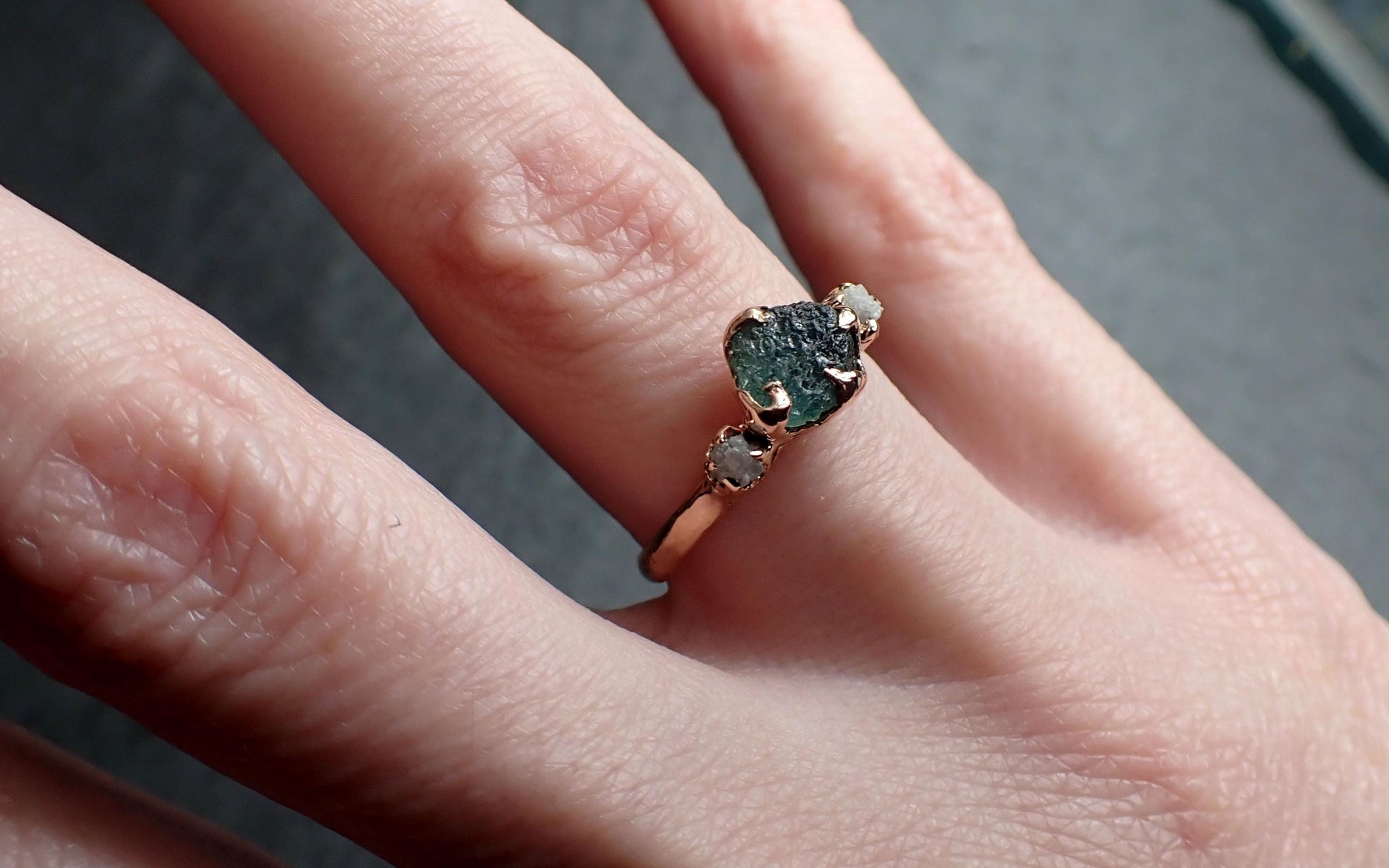 Raw Blue-Green Sapphire Engagement Ring • Rough Diamond Accents • Rose Gold • Custom_ANDY