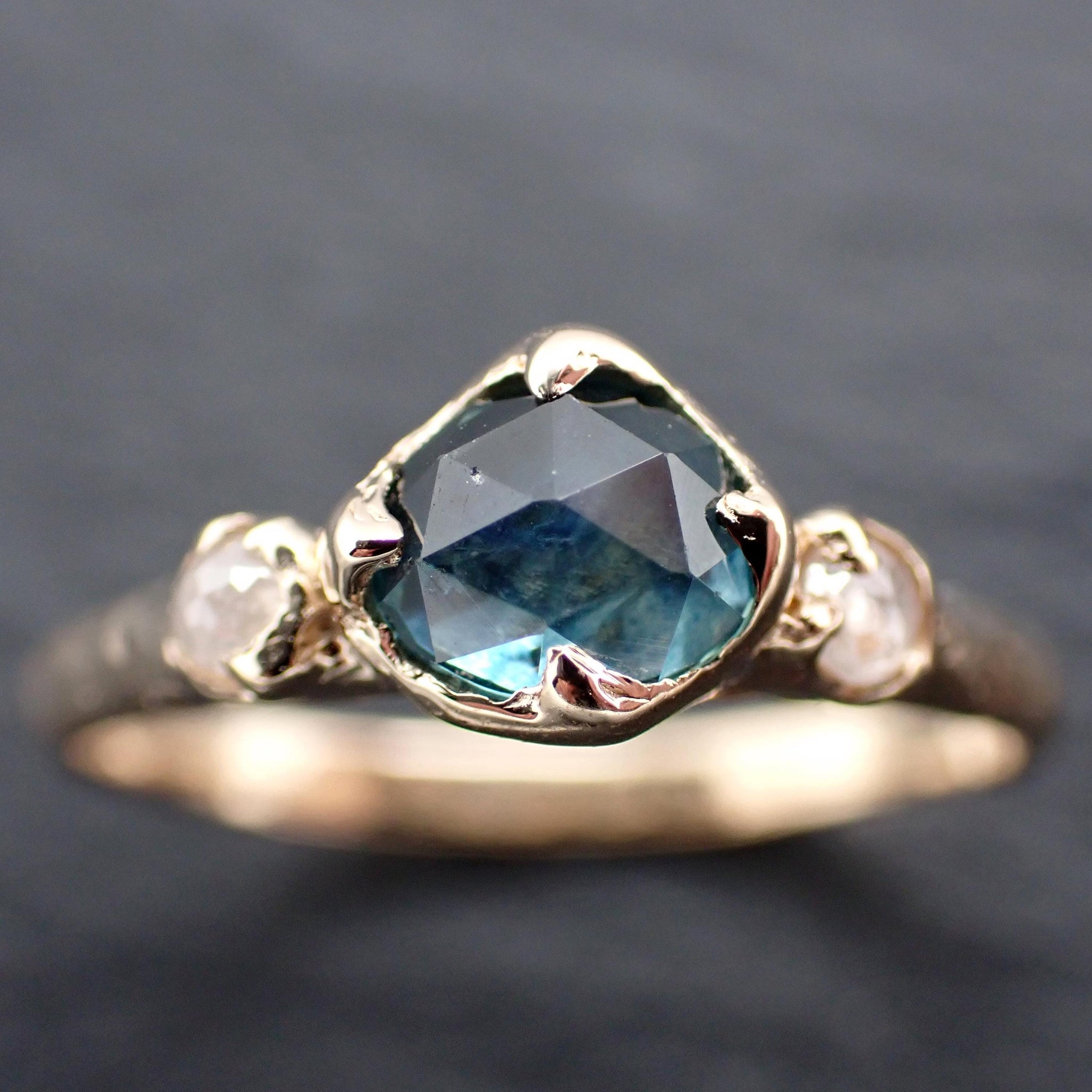 Montana Sapphire Engagement Ring • 14k Yellow Gold • Rose Cut Diamond Accents • Handmade byAngeline 3619