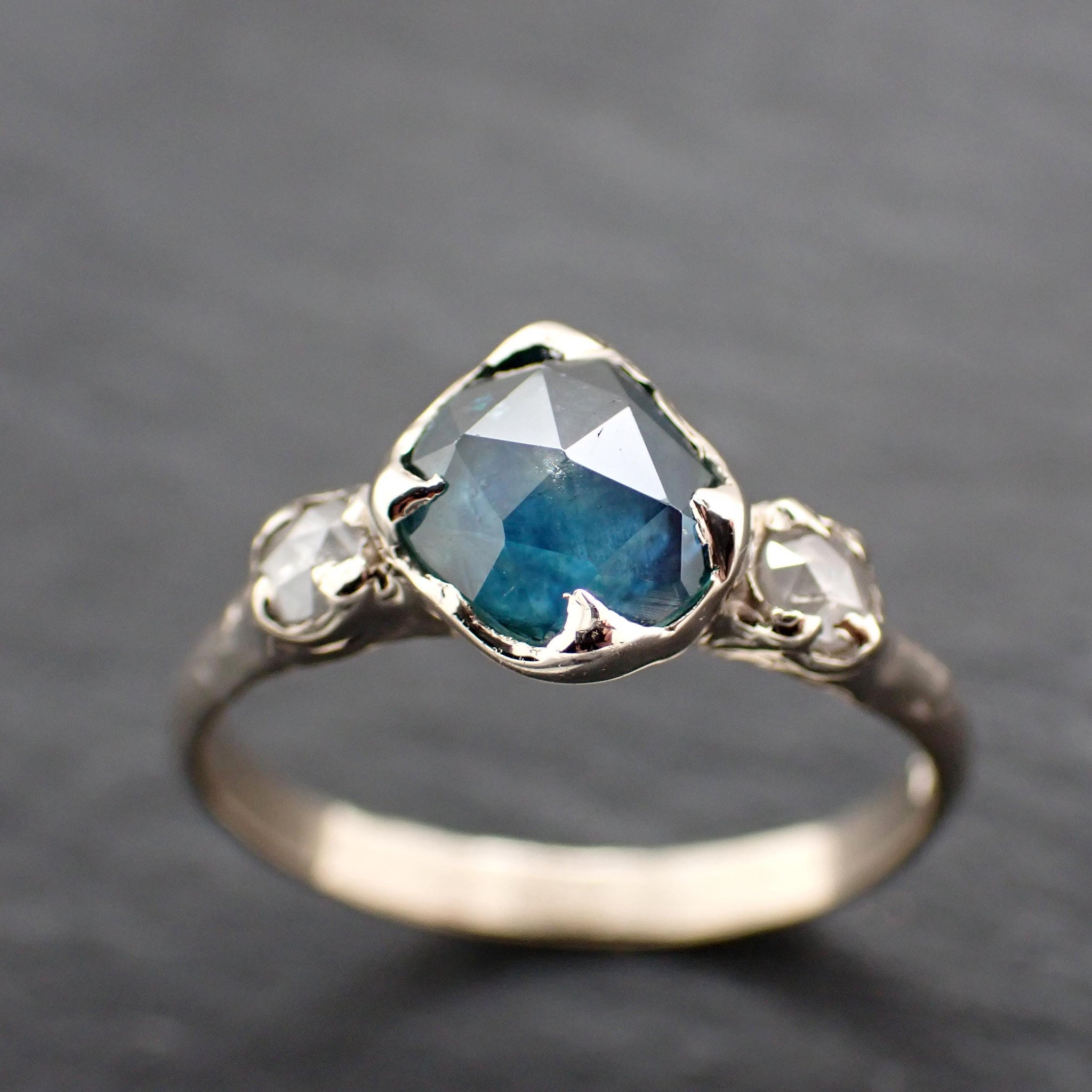 Montana Sapphire Engagement Ring • 18k White Gold • Rose Cut Diamond Accents • Handmade byAngeline 3620