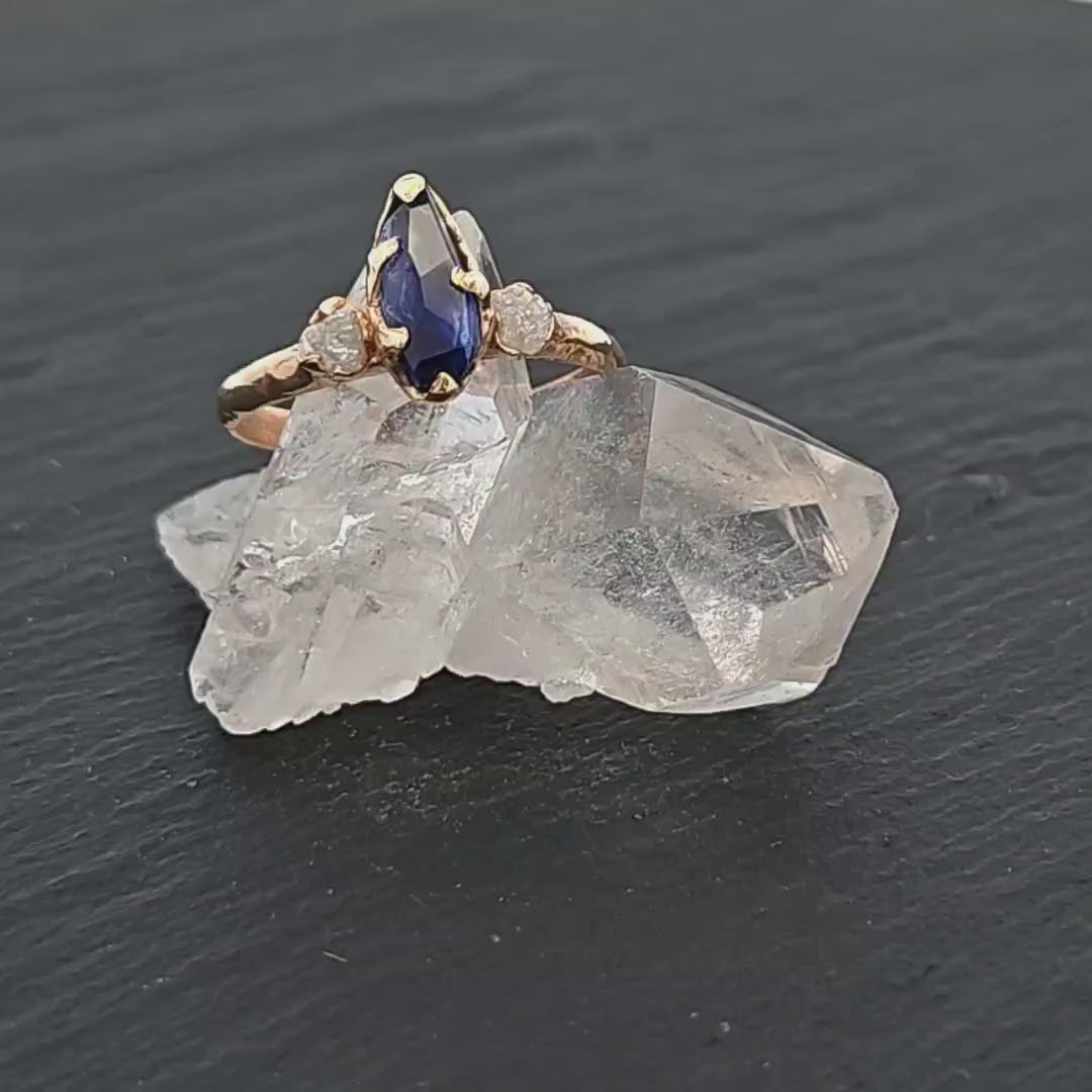 Partially faceted natural crystal sapphire Gemstone and Raw Rough Diamond 14k Yellow Gold Engagement multi stone 0975