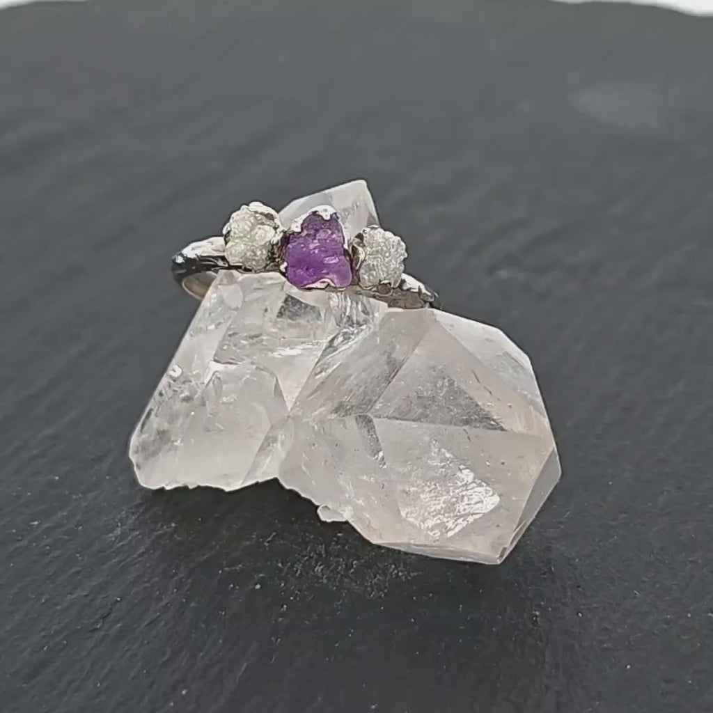Raw Sapphire Diamond White Gold Engagement Ring Purple Wedding Ring Custom One Of a Kind Gemstone Ring Three stone Ring byAngeline 0397