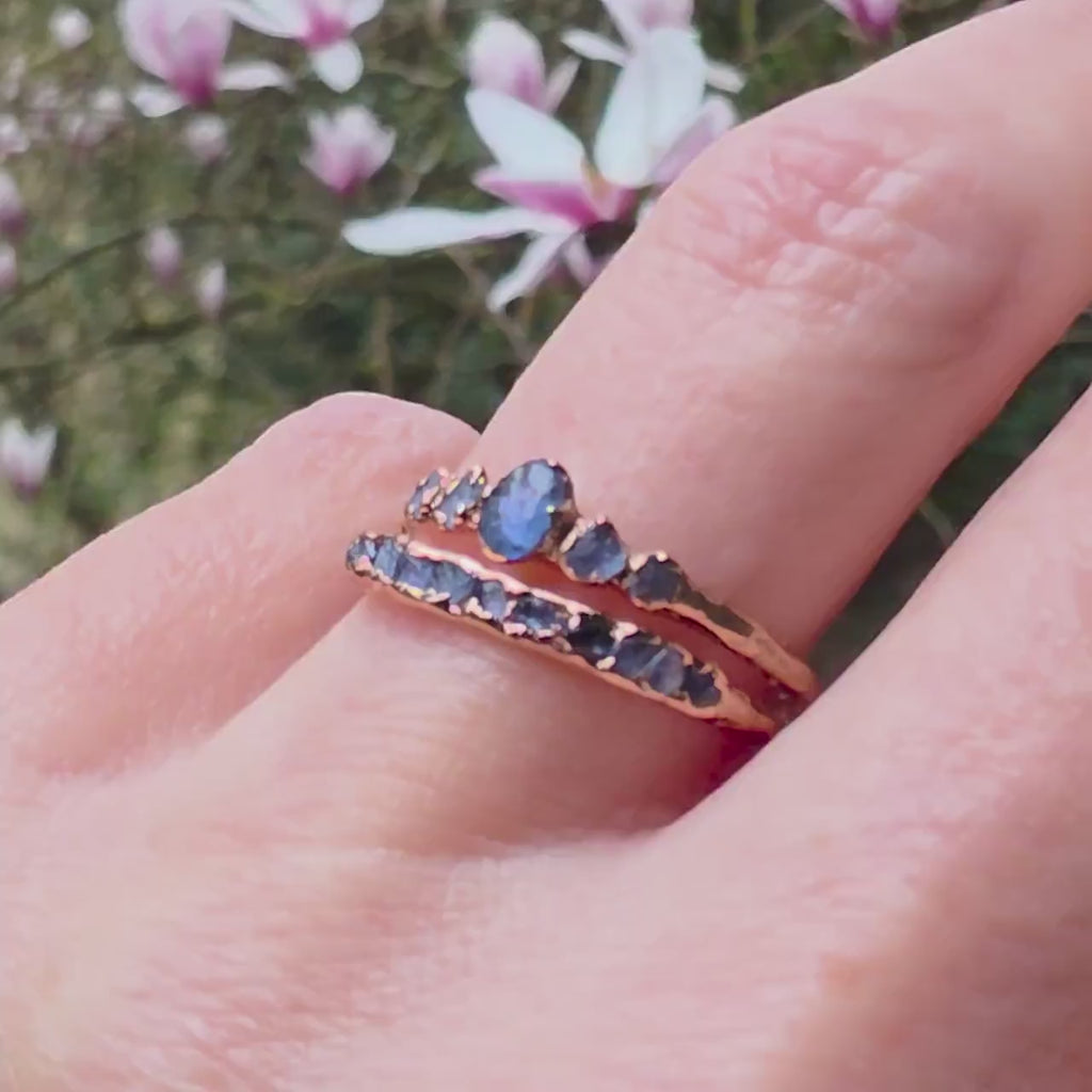 Raw Montana Yogo Sapphire 5 Stone Crown Engagement Ring • Rough Yogo Wedding Band • Rose Yellow White Gold • Handmade by Angeline C1188