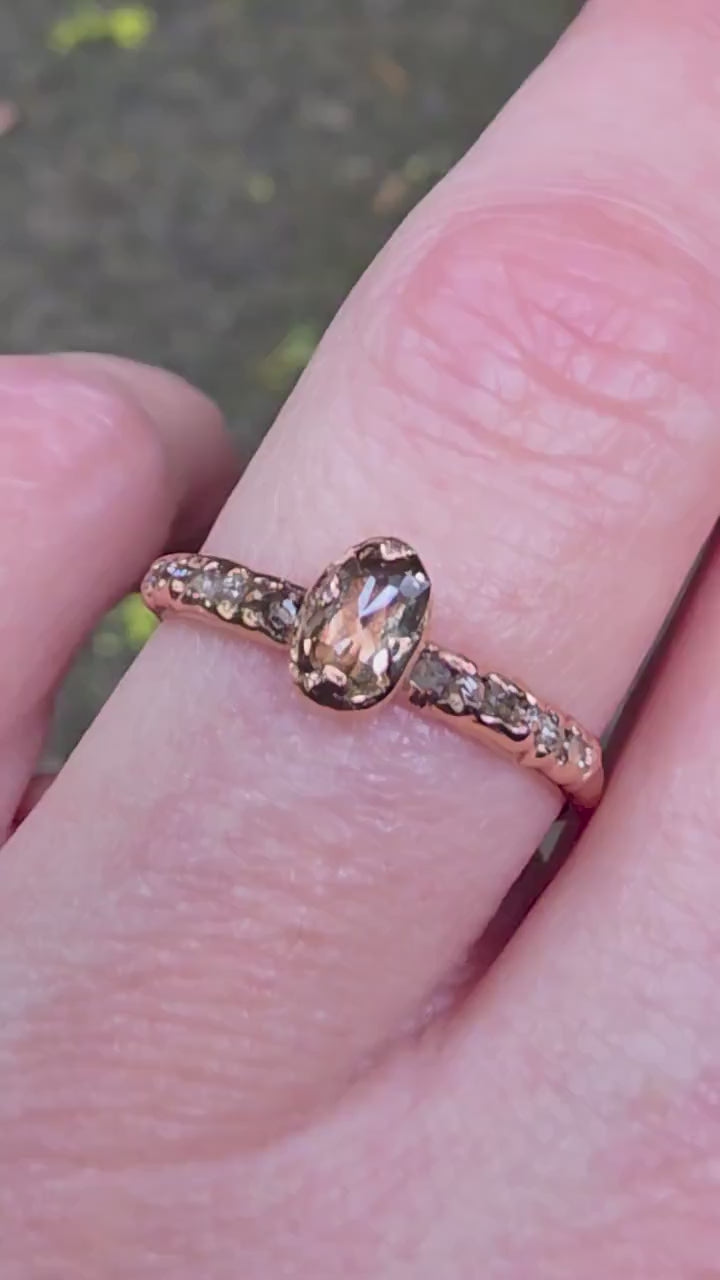 Antique Style Champagne Diamond Engagement Ring • 14k Rose Gold • Multi stone Diamond Band • Handmade byAngeline 0644