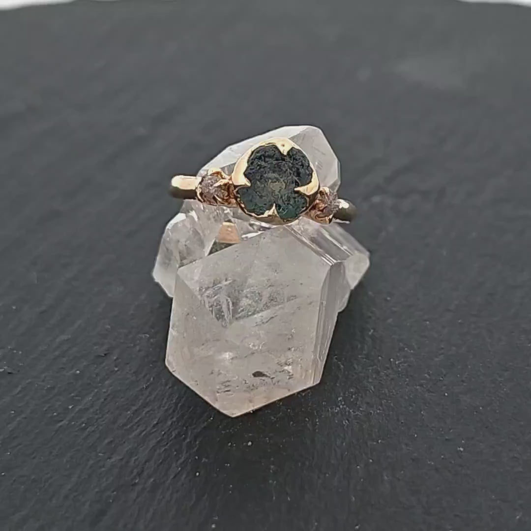 Raw blue green Montana Sapphire and rough diamonds Yellow 14k Gold Engagement Wedding Gemstone Multi stone Ring 3406