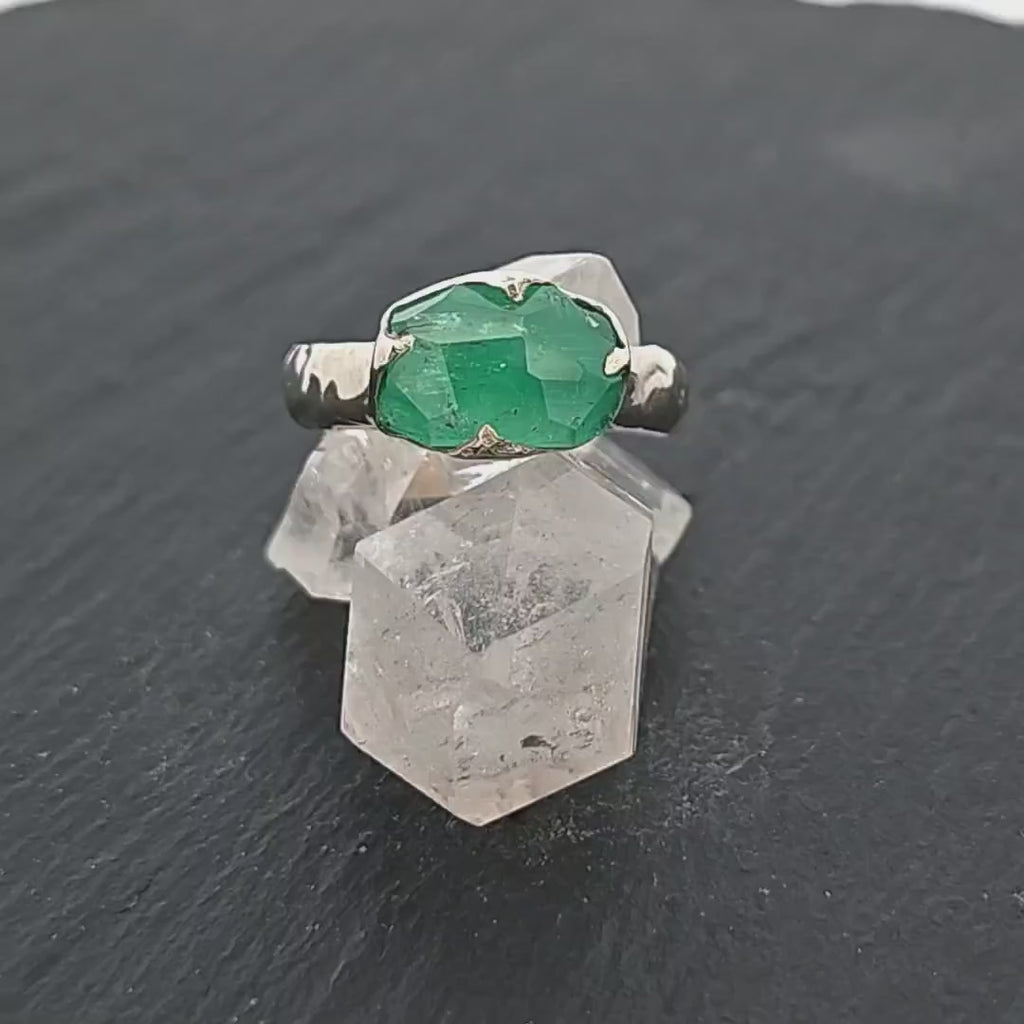 Partially Faceted Emerald Solitaire White 14k Gold Ring Birthstone One Of a Kind Gemstone Cocktail Ring Recycled 3025