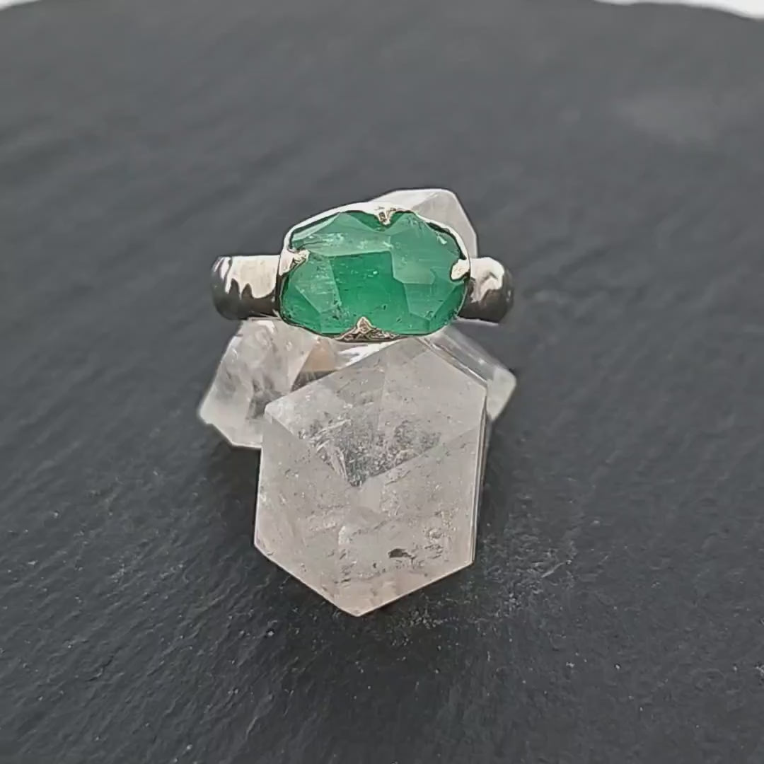 Partially Faceted Emerald Solitaire White 14k Gold Ring Birthstone One Of a Kind Gemstone Cocktail Ring Recycled 3025