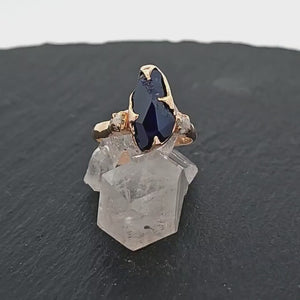 Partially faceted dark blue Sapphire and Diamonds 18k Gold Engagement Wedding Gemstone Multi stone Ring 2442