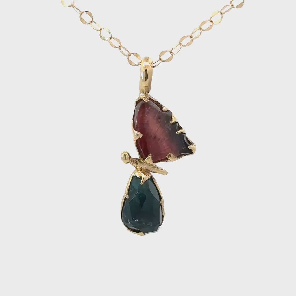 Tourmaline Butterfly Pendant: Pink, Blue Gemstone, 14k Yellow Gold