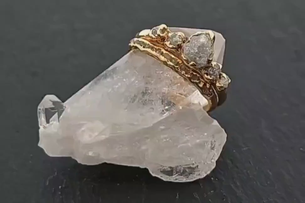 Rough Diamond 5 Stone Crown Engagement Ring • Raw Diamond Wedding Bnad • Handmade Gold or Silver Wedding Set • By Angeline C2550