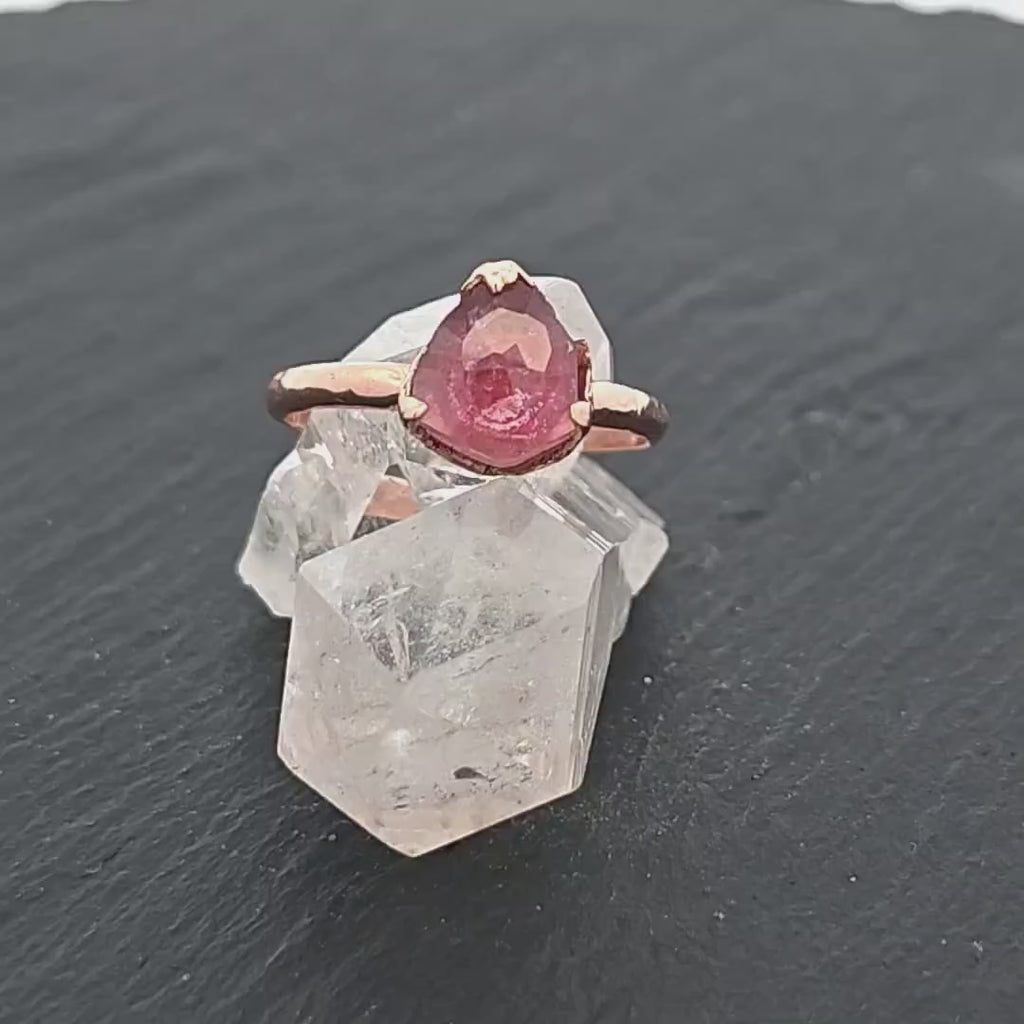 Partially faceted Pink Tourmaline Rose Gold Ring Gemstone Solitaire recycled 14k statement cocktail statement 0857