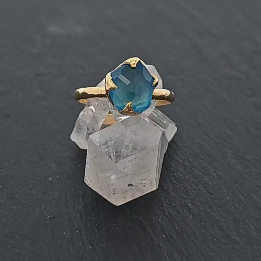 Partially faceted Blue Topaz 18k yellow Gold Engagement Solitaire Ring Wedding Ring One Of a Kind Gemstone Ring 1435