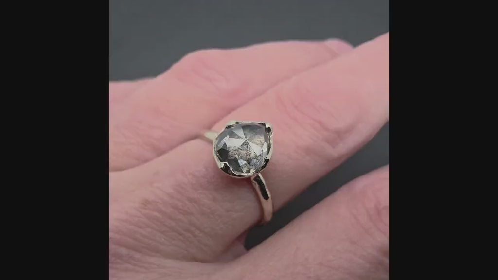 Salt and Pepper Diamond Engagement Ring • 18k White Gold Solitaire Ring • Pear Shaped Diamond Ring • Handmade by Angeline 3646