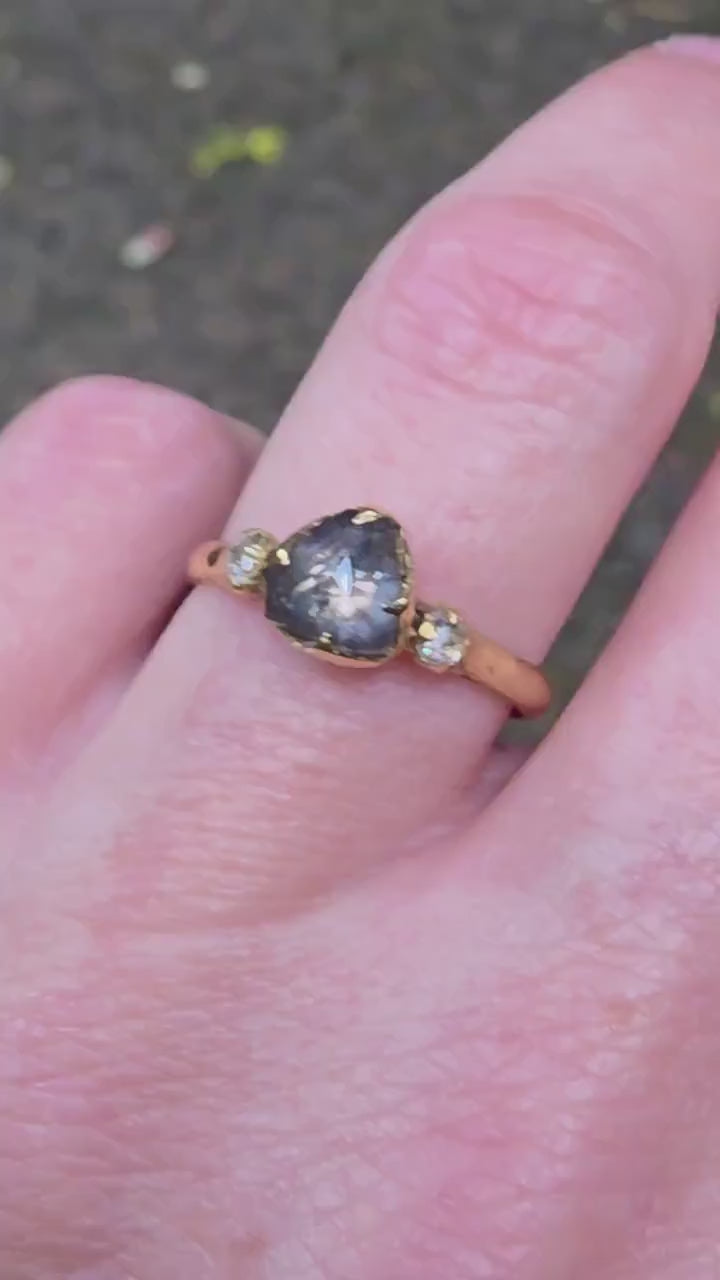 Antique Cut Salt and Pepper Diamond Engagement Ring • 18k Yellow Gold • Handmade byAngeline 1960