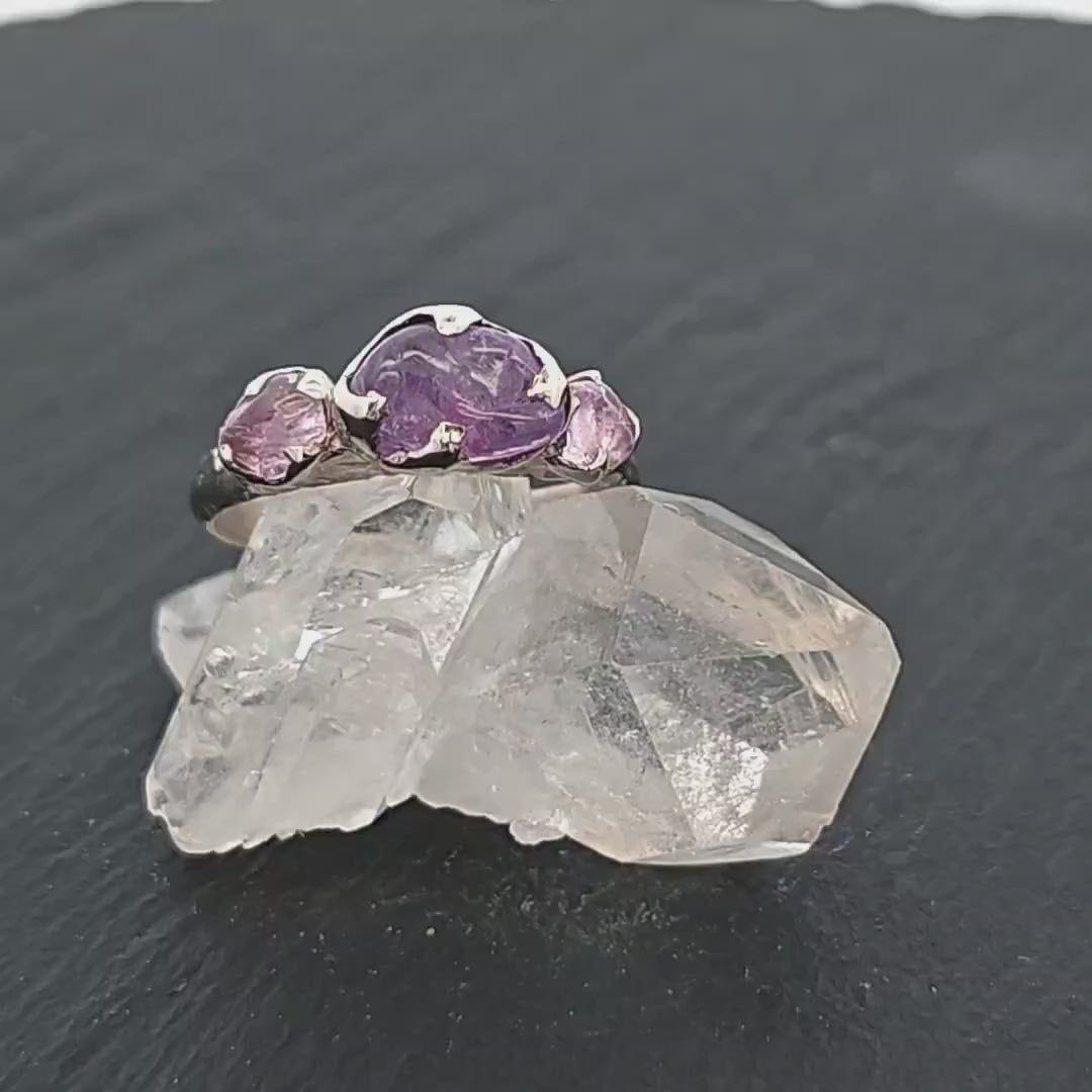 Pink purple Sapphire tumbled White 14k gold multi stone gemstone ring 2904