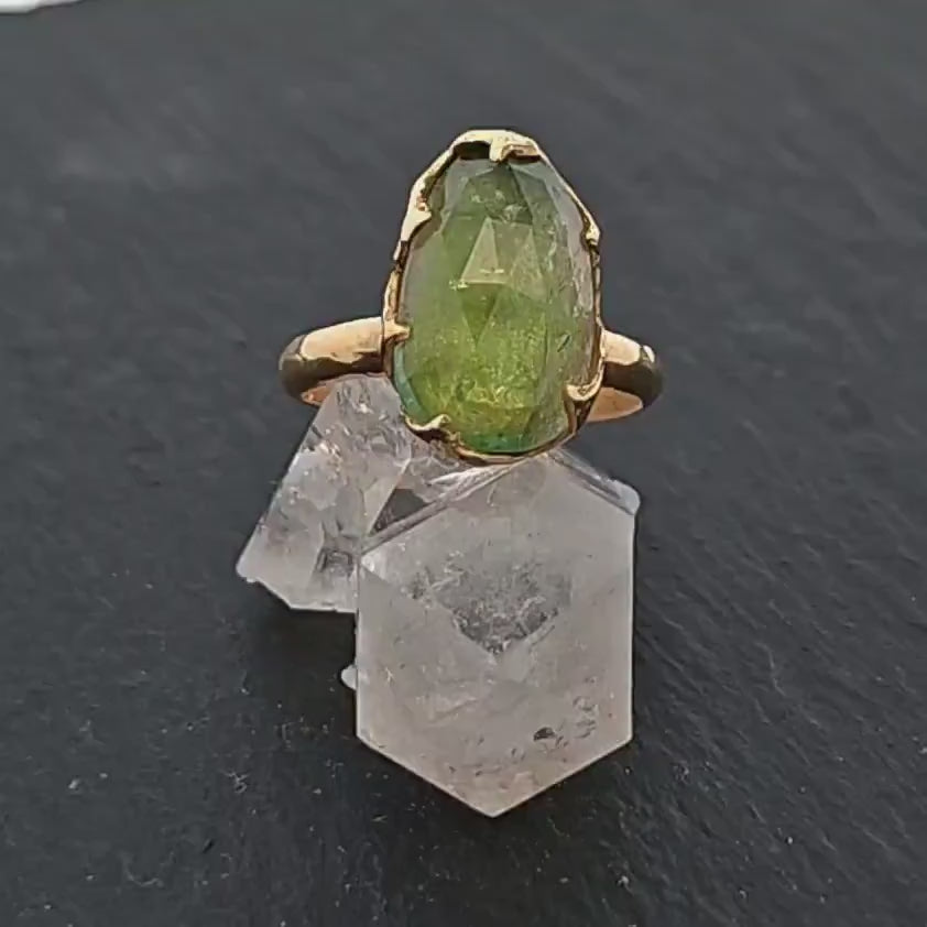 Fancy cut Green Tourmaline Yellow Gold Ring Gemstone Solitaire recycled 18k statement cocktail statement 1231