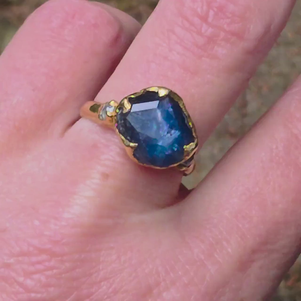 Montana Sapphire Engagement Ring • 18k Yellow Gold • Blue Montana Sapphire Ring with Diamond Accents • Handmade by Angeline 3650