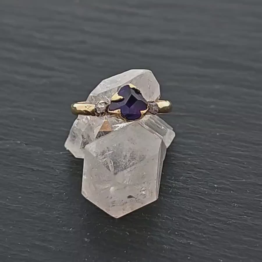 Partially Faceted Natural Sapphire Engagement Ring • Raw Diamond Accents • 18k Yellow Gold • Handmade byAngeline 0960