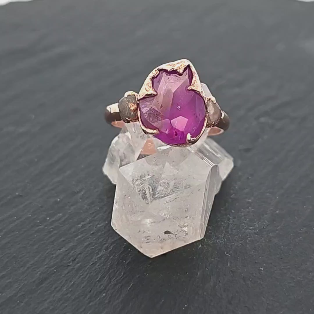 Partially faceted Sapphire gemstone Raw Rough Diamond 14k Rose Gold Engagement multi stone 1311