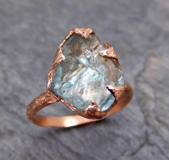 Raw Uncut Aquamarine Ring Solid 14K Rose Gold Ring wedding engagement Rough Gemstone Ring Statement Ring Stacking Ring byAngeline - by Angeline