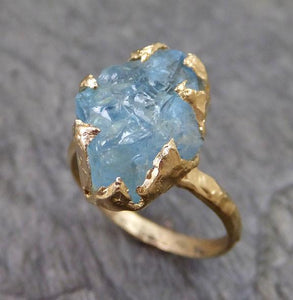Raw Uncut Aquamarine Ring Solid 14K Gold Ring wedding engagement Rough Gemstone Ring Statement Ring Stacking Ring - by Angeline