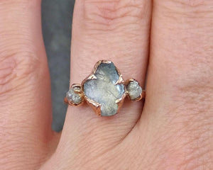 Raw Uncut Aquamarine Diamond Rose Gold Engagement Ring Wedding Ring Custom One Of a Kind Gemstone Ring Three stone Ring - by Angeline