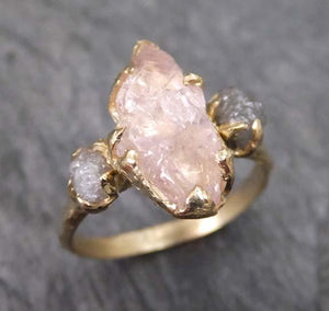 Raw Morganite Diamond Gold Engagement Ring Wedding Ring Custom One Of a Kind Gemstone Ring Three stone Ring - by Angeline