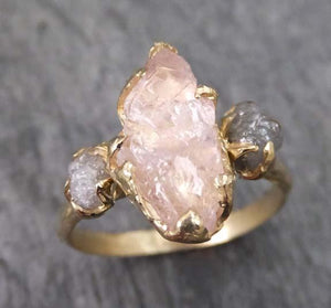 Raw Morganite Diamond Gold Engagement Ring Wedding Ring Custom One Of a Kind Gemstone Ring Three stone Ring - by Angeline