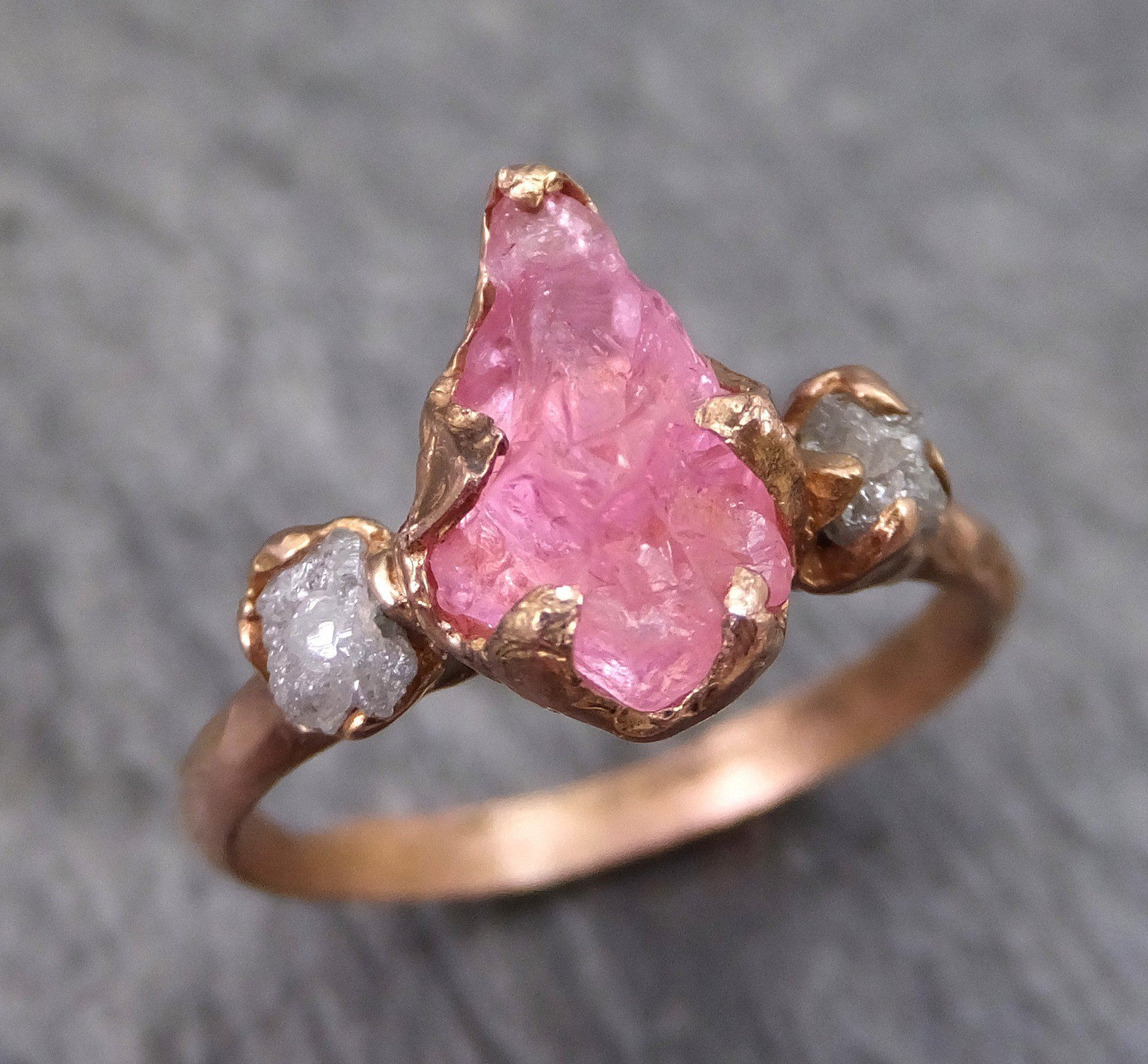 Raw Spinel Diamond Rose Gold Engagement Ring Multi stone Wedding Ring Custom One Of a Kind Pink Gemstone Ring Three stone Ring 0024 - by Angeline