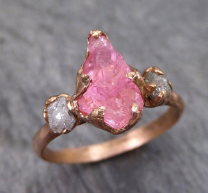Raw Spinel Diamond Rose Gold Engagement Ring Multi stone Wedding Ring Custom One Of a Kind Pink Gemstone Ring Three stone Ring 0024 - by Angeline