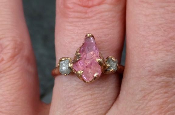 Raw Spinel Diamond Rose Gold Engagement Ring Multi stone Wedding Ring Custom One Of a Kind Pink Gemstone Ring Three stone Ring 0024 - by Angeline