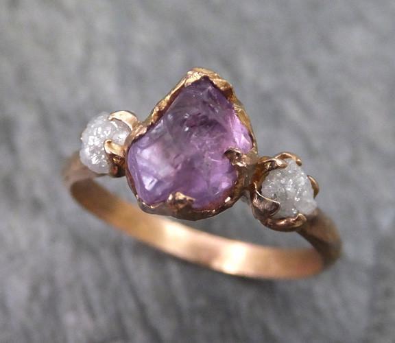 Raw Spinel Diamond Rose Gold Engagement Ring Wedding Ring Custom One Of a Kind Purple Lavender Gemstone Ring Three stone Ring - by Angeline