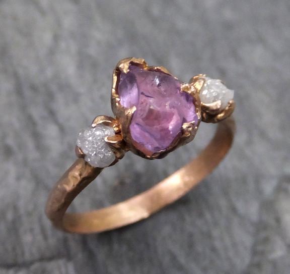 Raw Spinel Diamond Rose Gold Engagement Ring Wedding Ring Custom One Of a Kind Purple Lavender Gemstone Ring Three stone Ring - by Angeline