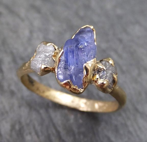 Raw Sapphire Diamond Gold Engagement Ring Wedding Ring Custom One Of a Kind Purple Perwinkle Violet Gemstone Ring Three stone - by Angeline